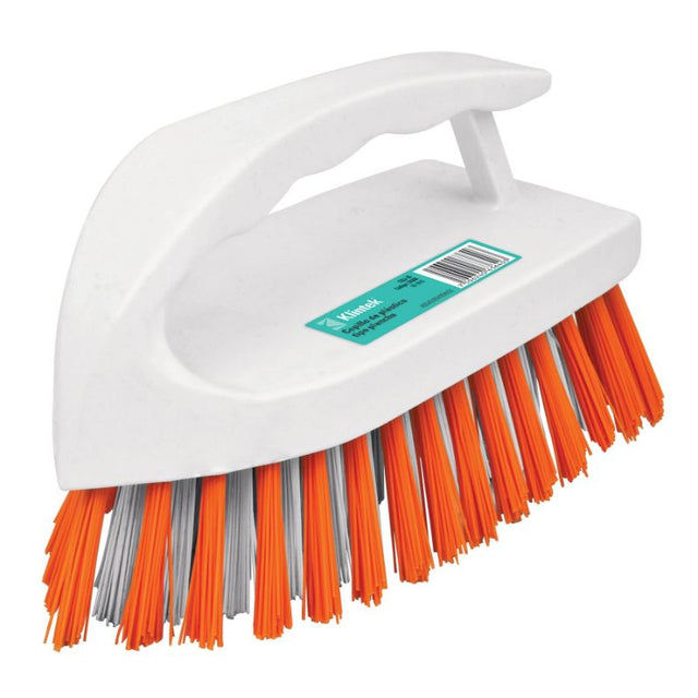 Truper scrubbing brush with handle, 140mm x 50mm, designed for tough cleaning on various surfaces with ergonomic grip.