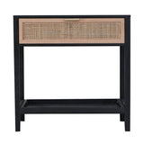 Chic Bohemian bedside table in black and natural wood, perfect for decor and functionality in any bedroom.