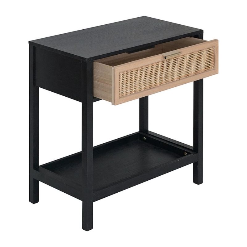 Bohemian Black/Natural bedside table with sleek design, 55cm height, perfect for decor and functionality in any bedroom.