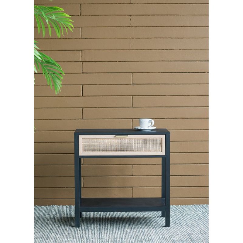 Bohemian Black/Natural bedside table (55cm) featuring sleek black finish and natural wood accents for stylish bedroom decor.