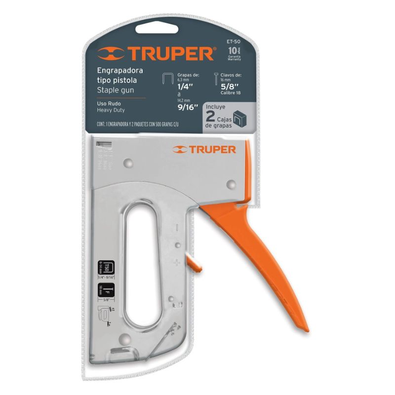 Heavy duty Truper staple gun with ergonomic handle, chrome finish, 500 8mm & 500 12mm staples included for versatile projects.