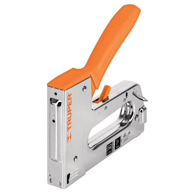 Heavy-duty staple gun with chrome finish, ergonomic handle, and 1000 staples for versatile projects. Ideal for professionals and DIY.