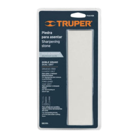 Truper Bench Stone Combination 150/240G, 200x50x25mm, dual grit for sharpening knives and tools, with a non-slip base.