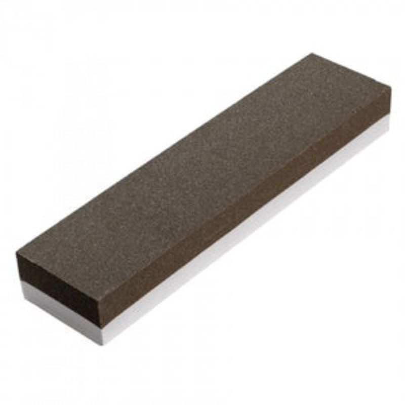 Alt text: Truper Bench Stone Combination 150/240G, 200mm x 50mm x 25mm, for sharpening knives and tools with coarse and fine grits.