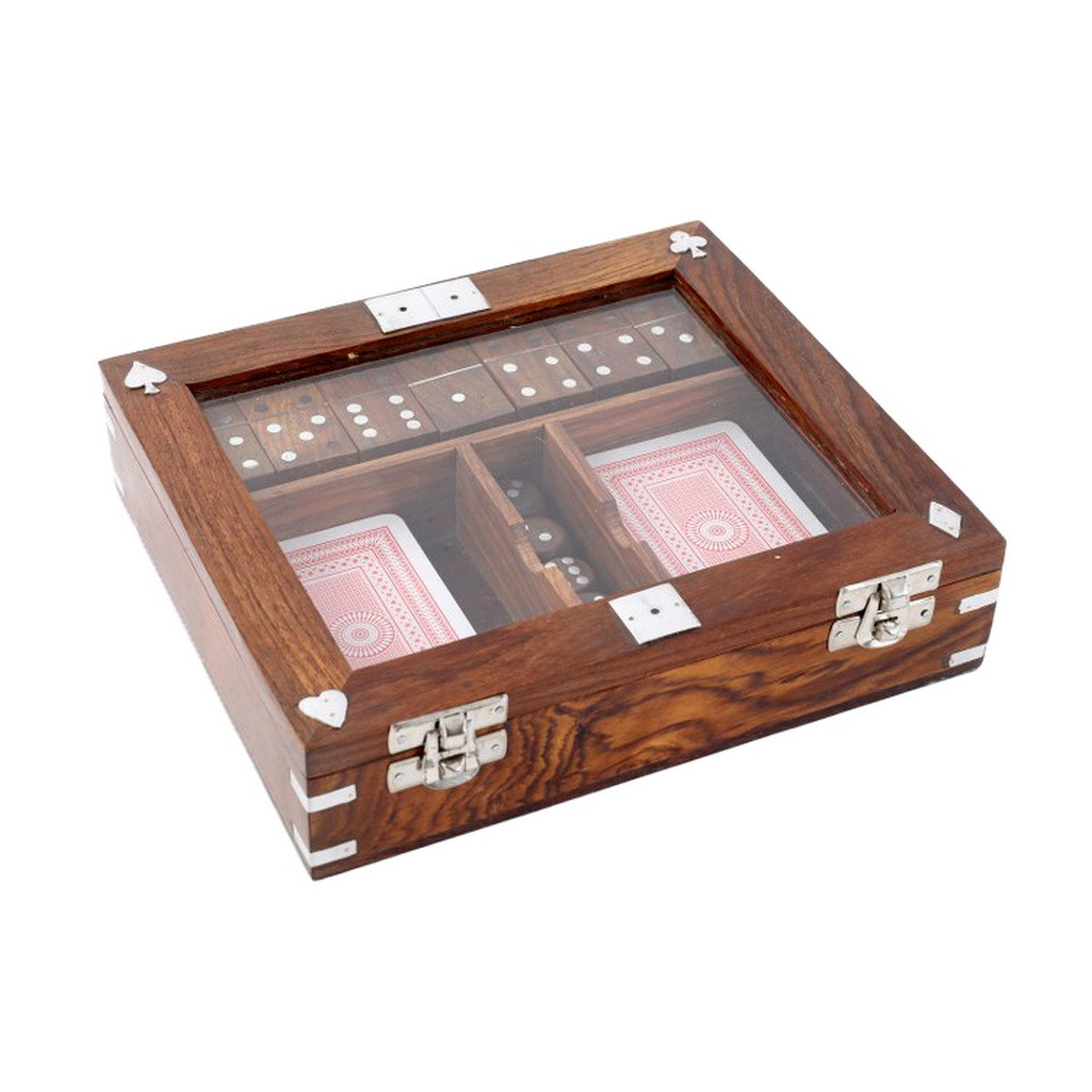 WOOD/ALUMINIUM GAME SET - CARDS/DICE/ DOMINOES (20cm)
