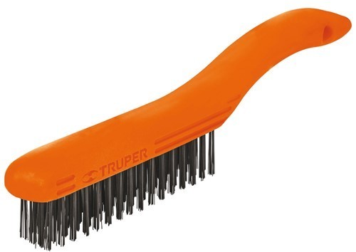 Wire brush with polypropylene handle and 64 high-strength steel bristles for effective rust and paint removal.