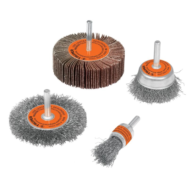 Wire Power Brush Set with Flapwheel: 4-piece toolset for polishing and cleaning metal and wood, compatible with electric drills.