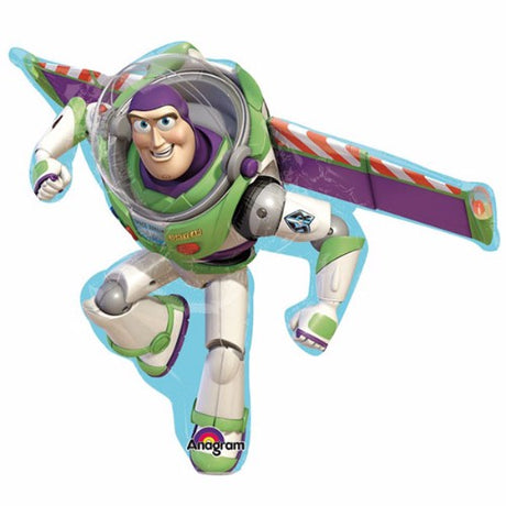 Vibrant flat-shaped foil balloon of Buzz Lightyear, perfect for Toy Story parties and space-themed celebrations.