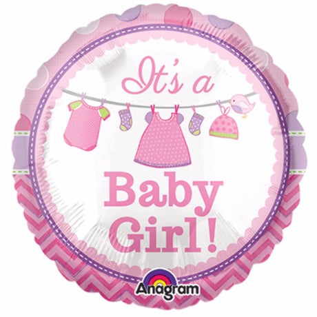 Foil balloon for baby girl shower, 22cm, flat design, requires air inflation and heat sealing.