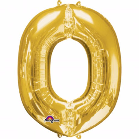 Gold Letter O Megaloon foil balloon, 40cm, air-filled, perfect for celebrations, easy self-inflation with included straw.