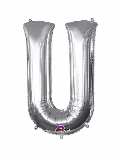 Silver Letter U Megaloon foil balloon, 40cm, perfect for parties, easy self-inflation with included straw, elegant decor.