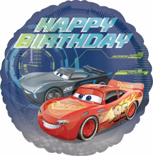 45cm Cars-themed Happy Birthday foil balloon, self-sealing and requires helium for inflation.