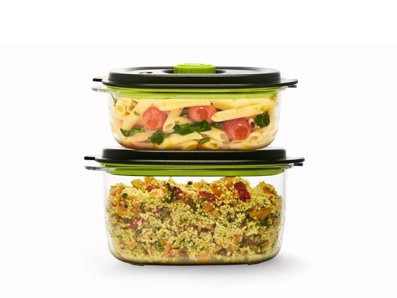 Set of 2 BPA-free FoodSaver containers for marinating and storing, featuring airtight design and stackable convenience.
