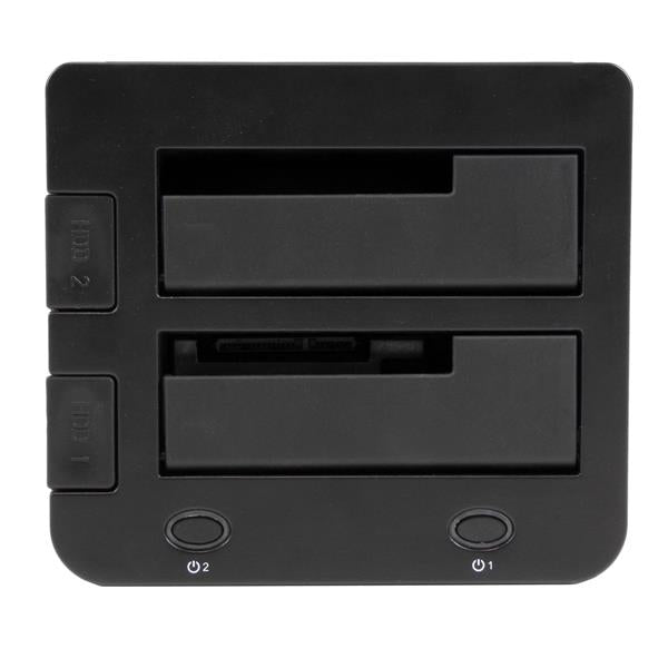 Universal docking station with UASP for IDE and SATA drives, featuring dual top-loading slots and USB 3.0 connectivity.