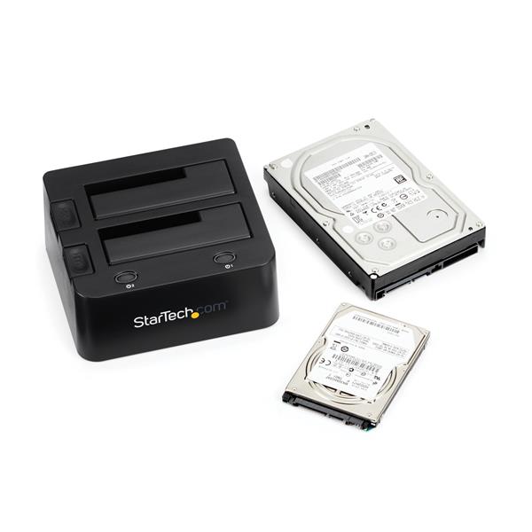 Dual hard drive docking station with UASP, supports 2.5"/3.5" IDE/SATA drives, USB 3.0 connection for easy data access.