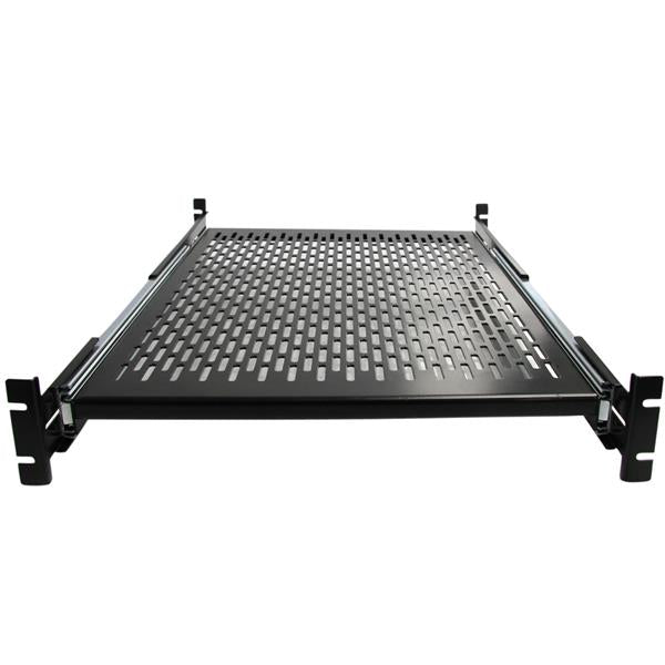 2U adjustable sliding rack mount shelf, durable steel, 50 lbs capacity, vented design, compatible with depths 20-30 inches.