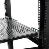 Vented 2U sliding rack shelf with adjustable depth, 50 lbs capacity, made of durable steel for IT and AV equipment.