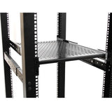 Vented 2U sliding rack mount shelf, 50 lbs capacity, adjustable depth 20-30 inches, durable cold-rolled steel for AV and IT use.