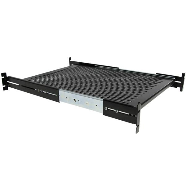 2U adjustable vented sliding rack mount shelf, supports 50lbs, with adjustable depth for versatile AV and IT equipment storage.