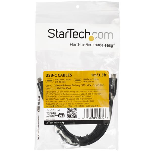 1m 3ft USB C to USB C Cable - 5A PD - USB 2.0 USB-IF Certified