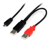 1 ft USB Y Cable for external hard drives, featuring dual USB A connectors and Micro B for enhanced power and data transfer.