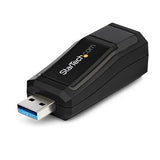USB 3.0 to Gigabit Ethernet adapter with RJ45 port for high-speed internet, compatible with Windows and Mac systems.