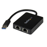 USB 3.0 to Dual Port Gigabit Ethernet Adapter with pass-through port for high-speed dual network connections.