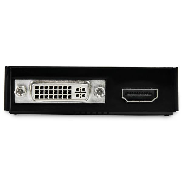 USB 3.0 to HDMI and DVI dual monitor adapter for high-definition displays, supporting resolutions up to 2048x1152 at 60Hz.