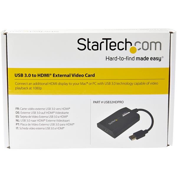 USB 3.0 to HDMI adapter allowing multi-monitor setups, supporting 1080p and 1920x1200 resolutions for PCs and Macs.