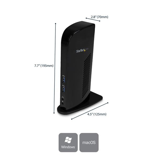 HDMI and DVI Dual-Monitor Docking Station for laptops with multiple ports and compact design for enhanced productivity.