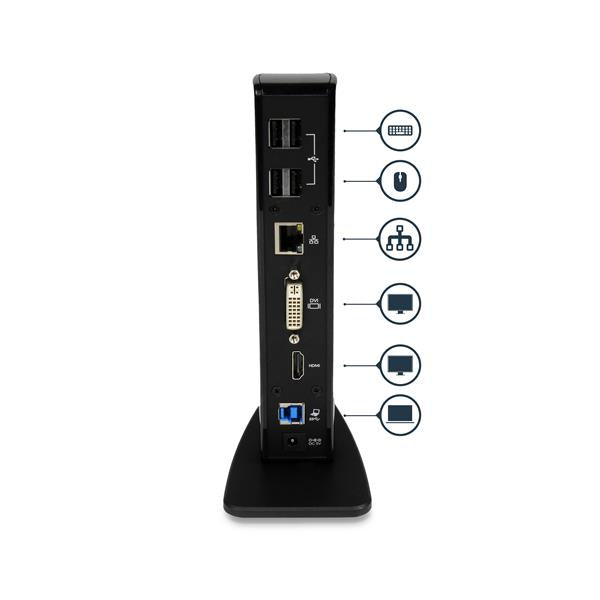 HDMI and DVI Dual-Monitor Docking Station for Laptops, compact design with multiple ports for productivity and connectivity.