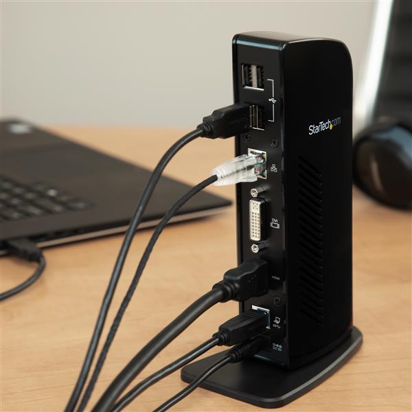 Dual-monitor docking station for laptops with HDMI and DVI outputs, featuring USB 3.0, Gigabit Ethernet, and compact design.