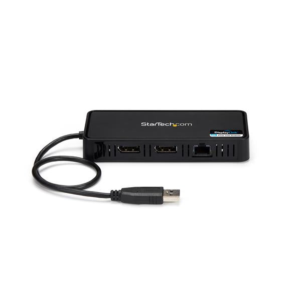 USB to Dual DisplayPort Mini Dock enabling dual 4K displays and wired LAN for enhanced productivity on the go.