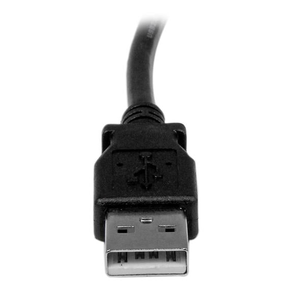 1m USB 2.0 cable with left-angle USB-B connector, designed for tight spaces and reliable connectivity to printers and scanners.