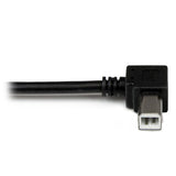 1m USB 2.0 A to Left Angle B Cable for connecting devices in tight spaces, featuring durable construction and 480 Mbps data transfer.