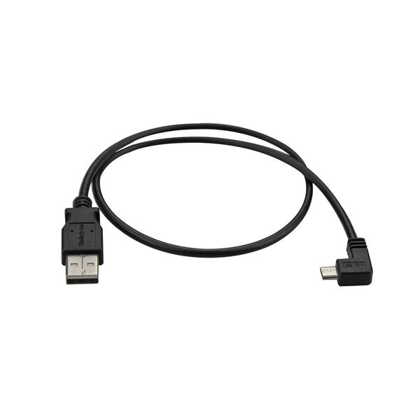 Right-angle Micro-USB charge-and-sync cable, 0.5m, 24 AWG for efficient charging and easy access in tight spaces.