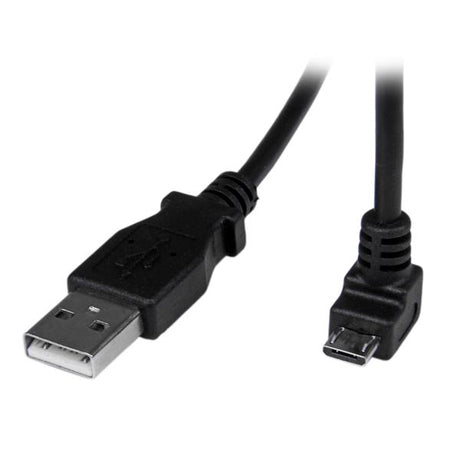 2m down-angled Micro USB cable for smartphones and devices, designed for tangle-free charging and data transfer.