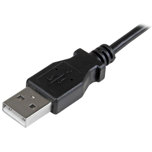 Right-angle Micro-USB charge-and-sync cable, 2m long, ideal for connecting devices in tight spaces while preventing strain.