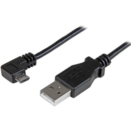 Micro-USB cable with right-angle connector, 2m length for easy charging and syncing of mobile devices in tight spaces.