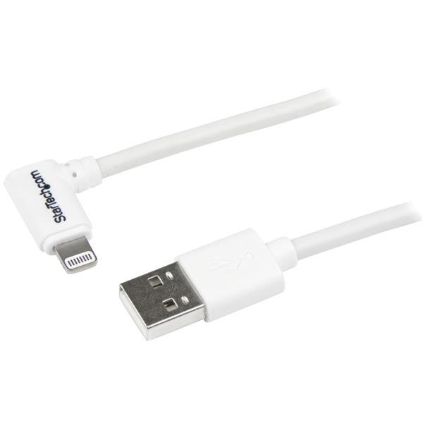 Angled USB to Lightning cable, 1m, white, Apple MFi certified, ideal for convenient charging in cars or tight spaces.