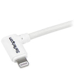 Angled USB to Lightning cable for Apple devices, 1m long, MFi certified, ideal for easy charging in tight spaces.