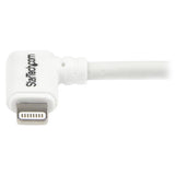 Angled USB to Lightning cable (1m) in white, Apple MFi certified for convenient charging of devices in tight spaces.