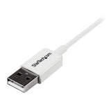 1m white Micro USB cable connecting devices like smartphones and cameras to PCs, designed for charging and data transfer.