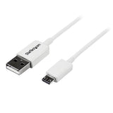 1m White Micro USB cable for charging and data transfer, designed with durability and universal compatibility in mind.