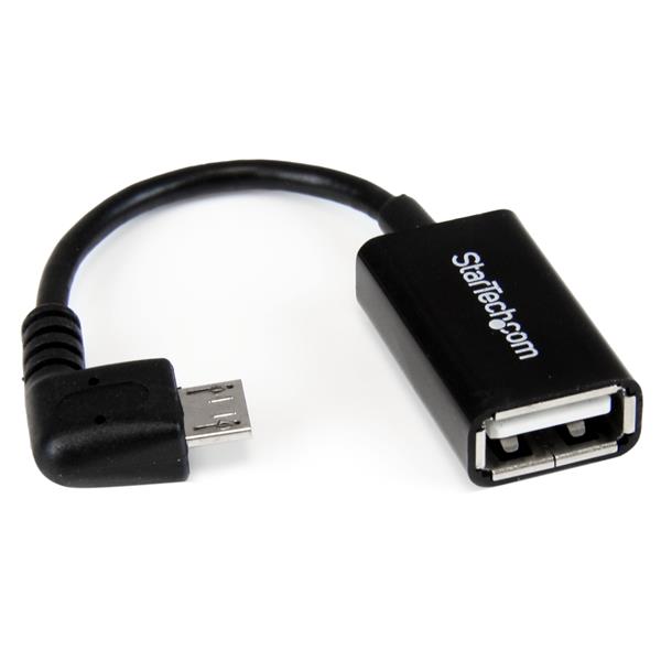 Right angle Micro USB to USB OTG adapter for connecting peripherals to tablets and smartphones, designed for portability and durability.