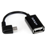 Right angle Micro USB to USB OTG adapter for connecting peripherals to tablets and smartphones, designed for portability and durability.