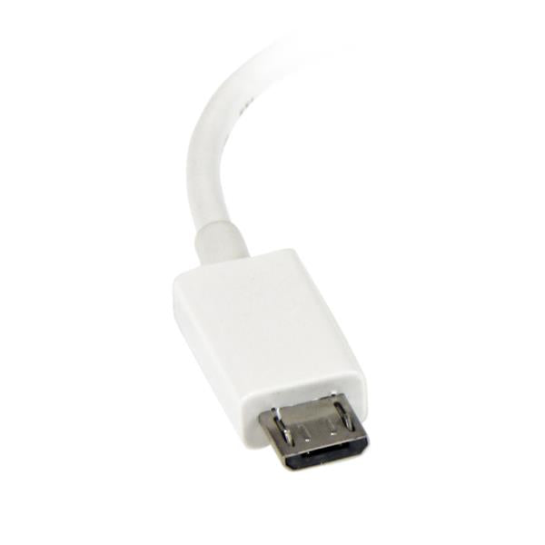 White Micro USB to USB OTG adapter, 12cm long, connects smartphones/tablets to USB devices like thumb drives and keyboards.