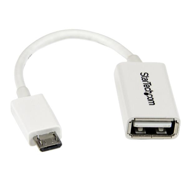 White 12cm Micro USB to USB OTG adapter for connecting smartphones to USB devices like drives, mice, and keyboards.