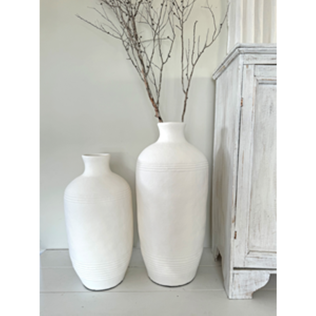 Chic white terracotta urn, 54cm tall, perfect for dried flowers or as a standalone decor statement piece.