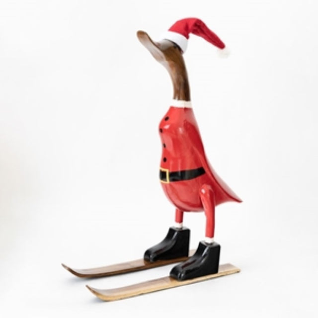 Festive duck ornament on skis, wearing a Santa hat, beautifully hand-carved and painted, perfect for holiday decor.